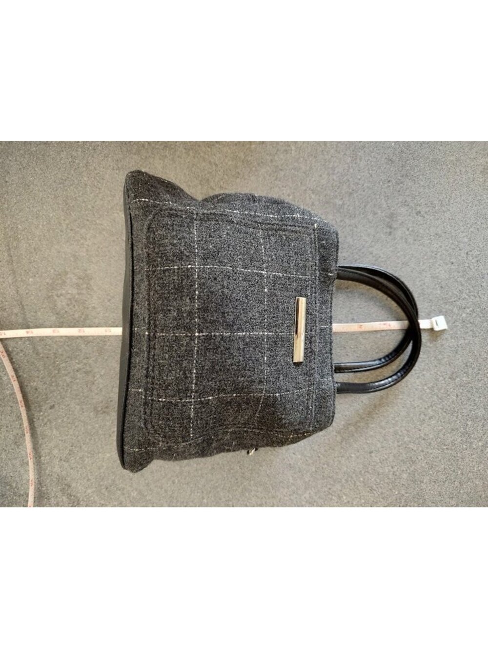 Vintage Marlo Gray Tweed Plaid Mini Tote Bag /Satchel, Multi-Compartment &Handle